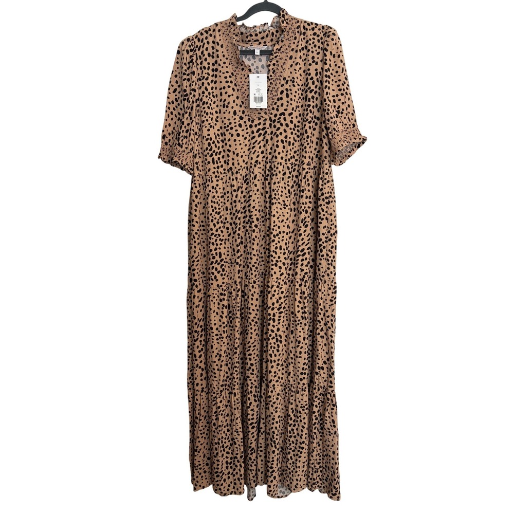 New Crown & Ivy Womens Tan Cheetah Print Tiered Maxi Dress sz Large Peasant